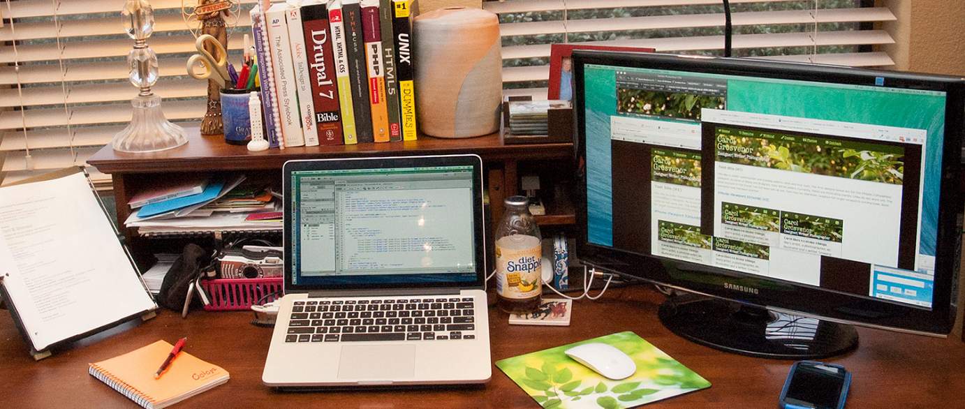 Carol's desk with site on screen